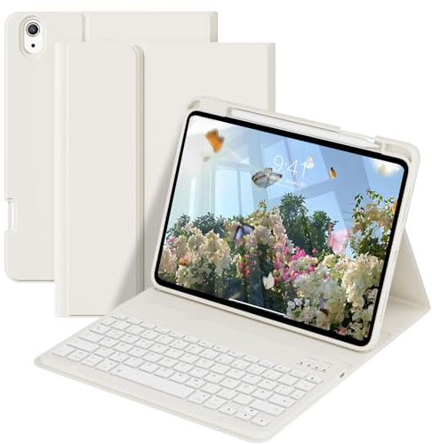 GKABXY Hülle mit Tastatur für iPad A16 11/10 Gen 11/10,9 Zoll 2025/2022 | Integrierter Stifthalter Folio-Ständerabdeckung Abnehmbare Bluetooth, Schnellzugriffstasten, QWERTZ,Weiß