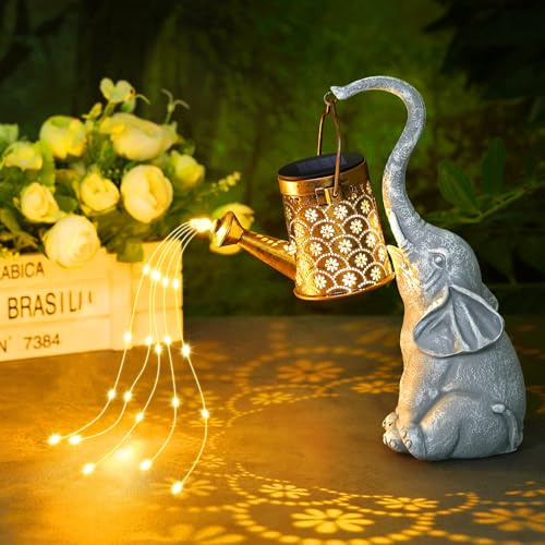 HICARER Gartendeko Draußen Elefant Laterne Garten Geschenk Gartenfiguren Wetterfest Solar Deko für Terrasse Balkon Gießkanne mit Lichterkette Afrikanisch Deko Geschenk zum Geburtstag für Oma Mama