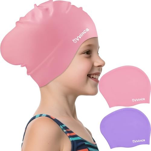 Vvinca Swim Cap Kids for Long Hair Braids Curly, 2 Pack Silicone Waterproof Swimming Caps for Toddler Girls Boys Age 3-8 Keep Hair Dry Pool Water Swim Hats