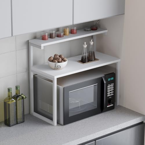 EMIDECO Étagère Micro-Ondes 2 Niveaux Bois Blanc et métal Blanc – Support Rangement Cuisine Compact – Organisateur Plan de Travail – Meuble Gain de Place Moderne – Support appareils Cuisine