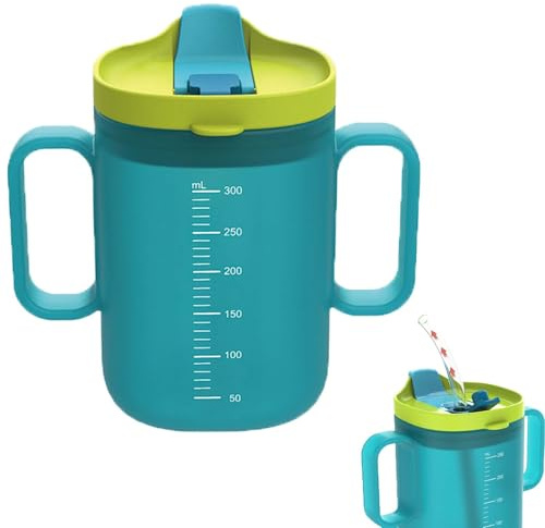 Wongify 300ml Spill-Proof Water Cup with Straw Lid for Elderly Adults Heat Resistant PP Silicone Material Senior Drinking Mug Non-Spill Feeding Cup with Handles for Patients and Caregivers (Blue)