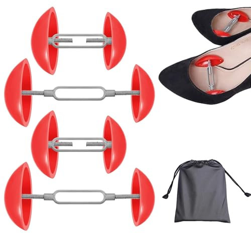 XNBTFK 4pcs Shoe Stretcher for Women, Adjustable Shoe Trees for Wide Feet, Red Plastic Shoe Stretchers with Black Waterproof Bag, Mini Shoe Width Extender for Comfortable Fit, Easy to Carry