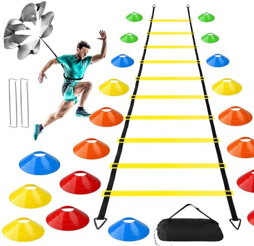 WUSUPU Kit Entrenamiento de Fútbol, 6M Agility Speed Ladder, 20 Conos de Entrenamiento, Paracaidas Correr, Idea de Entrenamiento de Fútbol Accesorios para Niños y Adultos
