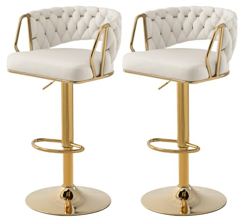 SUPPNEED Set di 2 sgabelli da bar in Velluto, regolabili in Altezza, girevole a 360°, Con schienale intrecciato a Mano, poggiapiedi dorati, sedia da bar per sala da pranzo Kitchen Island(2,Bianco