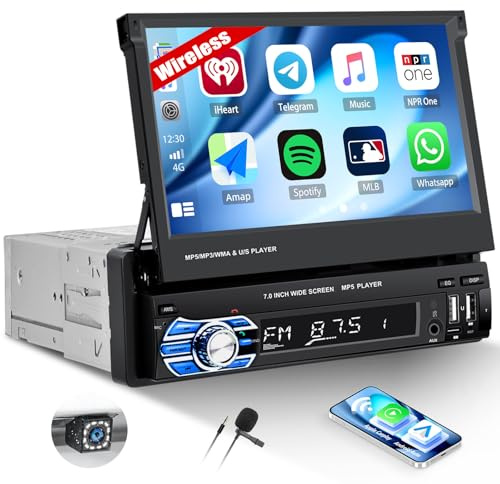 1DIN Autoradio avec Écran Rabattable et Carplay et Android Auto sans Fil, Autoradio 1 DIN à Écran Tactile 7 Pouces avec Bluetooth/SWC/USB/FM + Caméra de Recul + Microphone