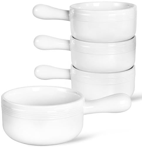 Vumdua French Onion Soup Bowls, 16 oz Ceramic Soup Bowls with Handles, French Onion Soup Crocks for Chili, Stew, Cereal, Oven Microwave Dishwasher Safe, Set of 4, White