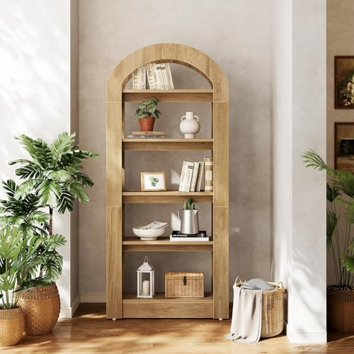 Tribesigns Bücherregal Holz, 5-stöckiges bogenförmige Regale, 180 cm hohes, stehendes Bücherregal aus Holz, Moderne Aufbewahrungslösung, Teakfarbe