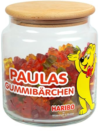 Herz & Heim® HARIBO Vorratsglas mit personalisierbarer Aufschrift – Ritzenhoff & Breker Aufbewahrungsglas aus Glas mit Holzdeckel