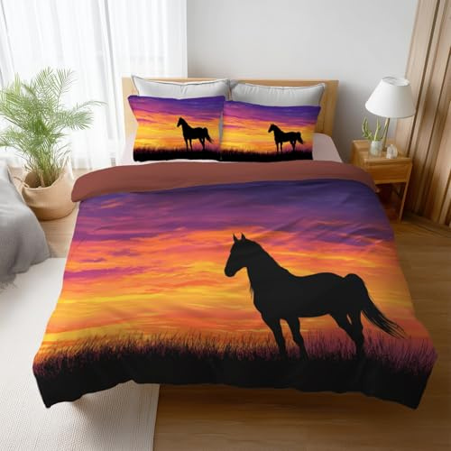 Morbido al tatto Aerato Colorato Silhouette Letto completo Cartone Animato Natura Cavallo Ultra morbido Microfibra per Children's Boys Girls Duvet Cover 200 x 200 cm