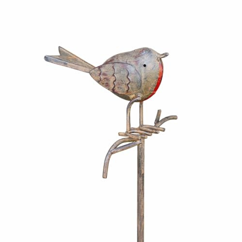 Berpar Robin on Stick Garden Ornament – Large Metal Tin British Robin Bird Statue, Rustic Outdoor Animal Figure on Stake for Garden, Lawn, Patio, Flower Beds, Borders & Wildlife-Inspired Garden Décor
