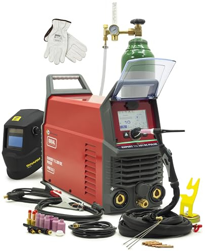 Ideal Expert TIG 201 DC Pulse LCD WIG - Soldadora inversor - Encendido HF de 200 A - Incluye botella de argón de 8 l, casco automático, lentes de gas, imán, reductor - equipamiento completo para