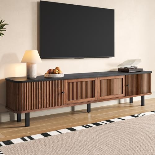 DACHETOU Mueble de TV moderno, color nogal, 190 x 35 x 45 cm, panel bajo, dos puertas correderas, dos puertas de rejilla, diseño único