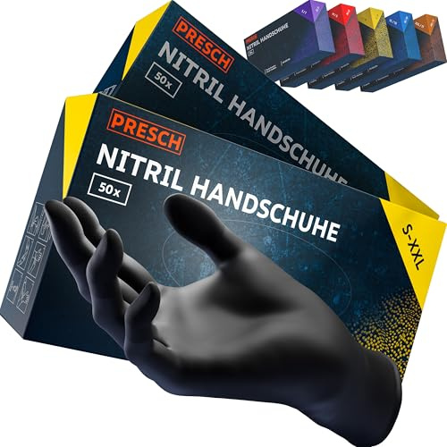 PRESCH Einweghandschuhe Schwarz 100 Stk. (XXL - 11) - Nitrilhandschuhe mit texturierten Fingerspitzen für festen Halt - Einmalhandschuhe latexfrei & puderfrei - Reißfest dank verstärktem Rollrand