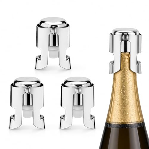 3 Pack Reusable Sparkling Wine Stoppers, Stainless Steel Champagne Stoppers, Beverage Glass Bottle Sealer with Locking Clamp, Leak-Proof Silicone Plug for Prosecco Cava Keep Bubbles Fresh
