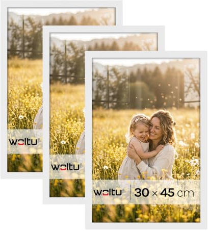 WOLTU Bilderrahmen 30x45, 3er set, MDF-Holz Fotorahmen mit Passepartout | Weiß, Posterrahmen für Poster, Fotos, Puzzle, aufhängbar & aufstellbar, Collage-Wanddeko mit bruchsicherer PS-Platte
