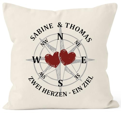 SpecialMe® personalisiertes Kissen Herz Kompass Zwei Herzen EIN Ziel mit Namen Liebes-Geschenk Freundin Mann Natur 40cm x 40cm