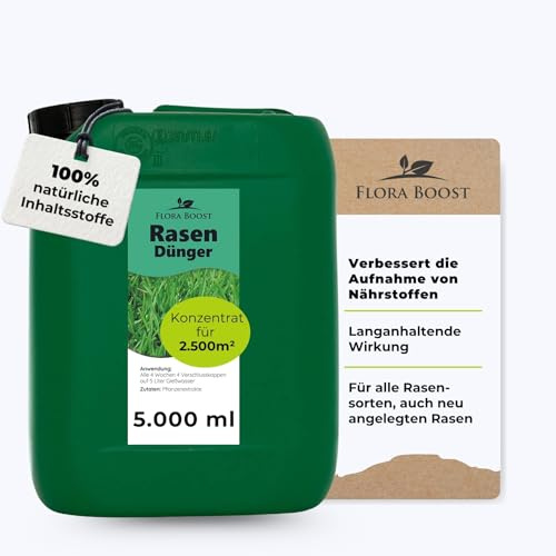 Flora Boost Rasendünger 5L, Flüssigdünger für grünen Rasen | Starterdünger für alle Rasensorten. 100% natürlicher Pflanzendünger für 2500m² Rasenfläche