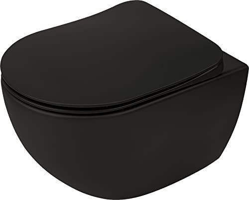 VBChome Inodoro colgante negro sin bordes de cerámica con tapa de inodoro de Duroplast, sistema de descenso automático Rimless Inodoro pared WC WC pared set