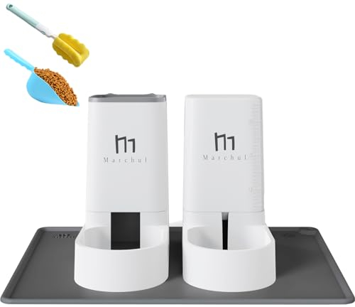 Marchul Dispenser Cibo Gatti, Cani, Alimentatore Automatico, 2 Unità, 3.8L, Dispenser di Crocchette e Acqua per Animali Domestici (alimentatore+abbeveratoio+tappetino)