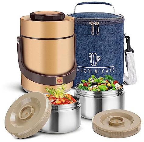 Pawovdeq 1,4 l Fassungsvermögen, Edelstahl, vakuumisoliert, breite Öffnung, Suppe, Lebensmittel, Thermoskanne, heiße Speisen, mit Aufbewahrungsbehälter, tragbar, 2 Ebenen, stapelbar, Bento-Behälter
