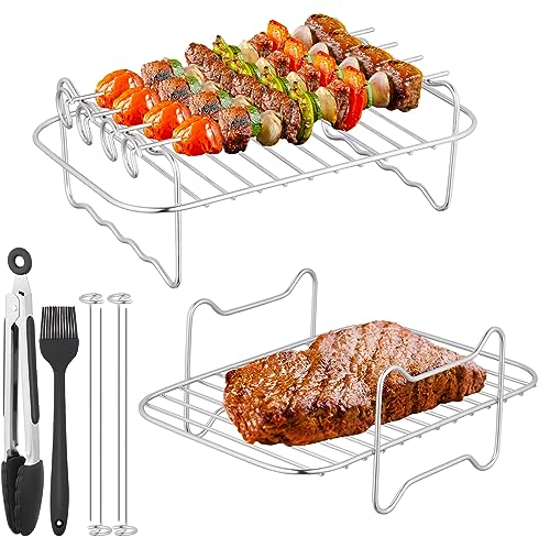 BEZORR 2teiliges Luftfritteusen-Gestell, wiederverwendbares Doppel-Heißluftfritteusen Zubehör,Grillrost aus Edelstahl 304,4Spießchen,1Ölbürste,1Verbrühungsschutz-Clip für 3,7 Qt-4,2 Qt Luftfritteusen