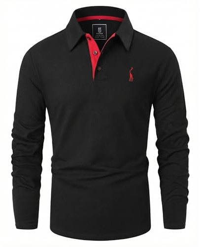 GLESTORE Polo Homme Manches Longues Polos Golf T-Shirt Broderie Girafe Casual Coton Shirt Noir M