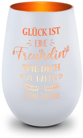 GRAVURZEILE Deko Windlicht aus Glas mit Gravur - Glück ist eine Freundin wie Dich zu haben - Personalisiert mit Namen - Ideal für Teelicht und Kerzen - Persönliches Geschenk - Weiß/Bronze