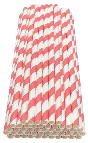 Haobase 50 stycken papperssugrör, biologiskt nedbrytbara papperssugrör för att dricka cocktail, kaffe, kalla drycker (randigt mönster) (White/Rose Stripes)