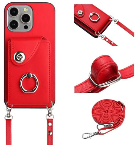 xinyunew Handyhülle für iPhone XR Hülle mit Band Kartenfach Handykette Geldbörse,360 Grad Ringhalter Stand Kartenfach,Leder Klapphülle Handytasche für iPhone XR- Rot