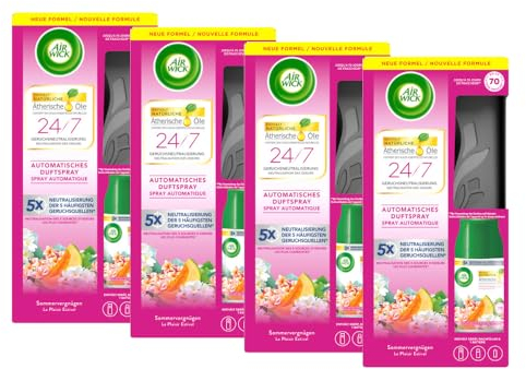 Air Wick Freshmatic Max – Starter-Set mit 4 Geräten und 4 Nachfüller – Batteriebetrieben – Duft: Sommervergnügen – 4 x 250 ml Nachfüller + 4 x Gerät in Schwarz (4er Pack)