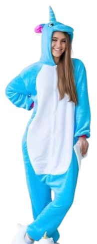 nerd hunters enhörning onesie, kostym för vuxna – plysch kigurumi pyjamas, unisex djurkostym, storlekar S–XL, blå, L
