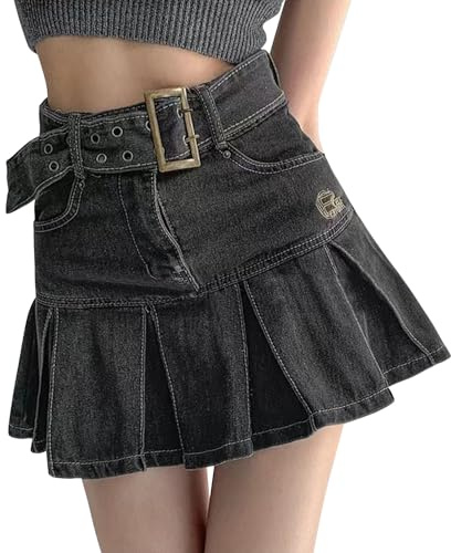Womens Y2K Ruffle Hem Distressed Casual Mini Denim Skirts High Waisted A-line Pleated Jeans Skirts with Belt