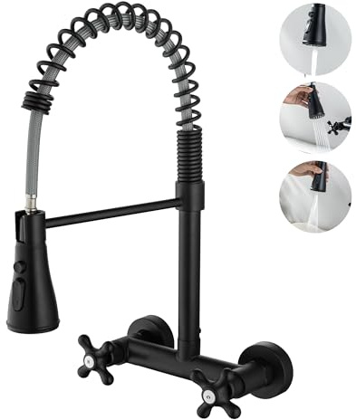 BAITUJIE Wasserhahn Küche Wandmontage Küchenarmatur Wandmontage Schwarz Matt 360° drehbar Mischbatterie Wand Hoch Gebogen Wandarmatur mit 3 Strahlarten