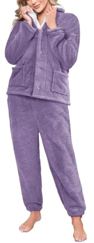 RITOSTA Pigiama Donna Invernale Lungo Pigiami in Pile Due Pezzi Morbido Pigiama Natalizio Felpa Manica Lunga e Pantalone Sleepwear Sets Caldo Completo Tuta Invernali con Pulsante