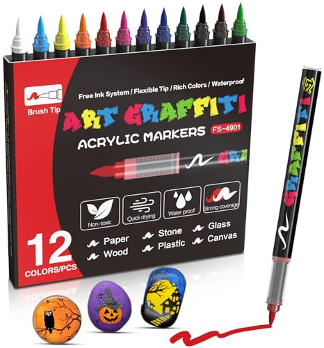 Risiours Marqueurs acryliques stylos de peinture imperméables permanents pour roche métal bois céramique verre ou tissu, marqueurs acryliques polyvalents 12 couleurs