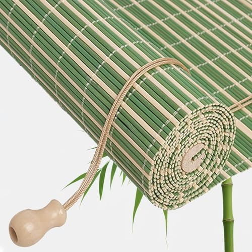 Bambus-Rollo Grüner Sonnenschutz Bambusrollo Anpassbare Sichtschutz Raffrollos,Jalousien aus Holz für Fenster Handgewebt Natur Seitenzugrollo,Verdunkelnd Fensterrollo