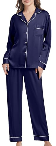 SHCNSJC Pijama Mujer Manga Larga Conjunto de Pijama de Seda de Satén para Mujer, Conjunto de Manga Larga con Botones, Ropa de Dormir, Ropa de Descanso, Conjuntos de Dos Piezas, S-XXL
