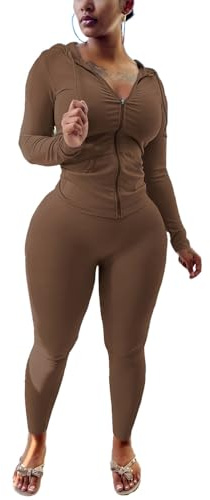 Nimsruc Two Piece Outfits For Women Long Sleeve Bodycon Tracksuit Casual Sweatsuits Jogger Sets Coffee Color L
