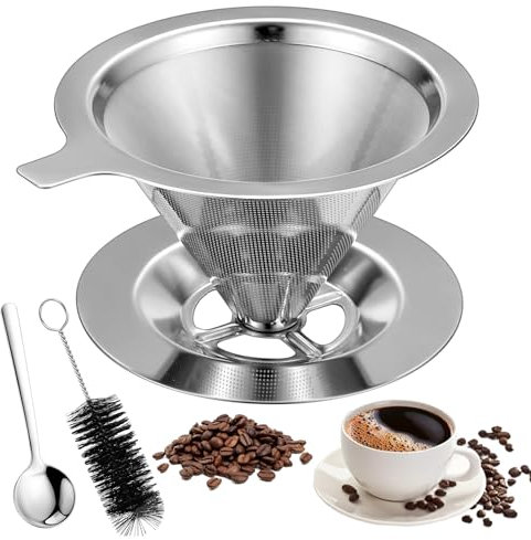 Pour Over Coffee Dripper, Stainless Steel Pour Over Coffee Filters, Paperless Mesh Cone Reusable Drip Coffees Filter Cup forCoffee Maker, with Brush and Spoon