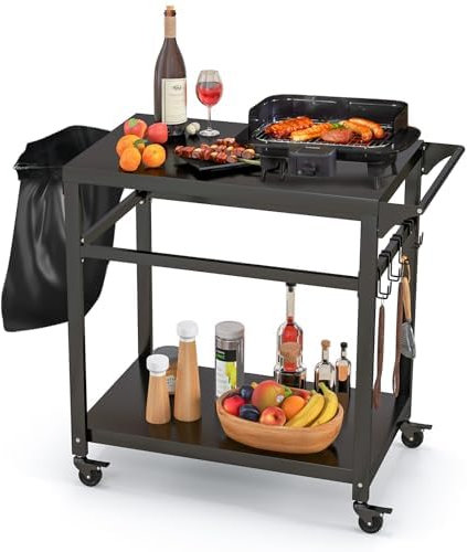 FANTASK Carrello per barbecue, per esterni, tavolo da pizza con 2 ripiani e 4 ruote e ganci, per esterni, colore: nero
