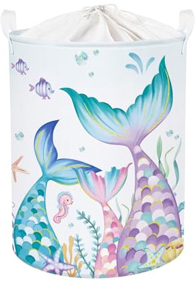 HUUMONSS Groß Wäschekorb Wasserdicht Aufbewahrungskorb für Kinder, 63L | Aufbewahrungsbox mit Stoff, Kleidung Spielzeug Buch Decke, Junge Mädchen Kinderzimmer Badezimmer Waschküche, Meerjungfrau