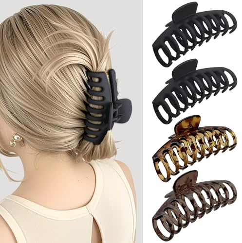 PUSCOBSY Lot de 4 grandes pinces à cheveux pour cheveux épais - 11 cm - Antidérapantes - Forte adhérence - Pour femme - Noir/léopard marron foncé/marron clair