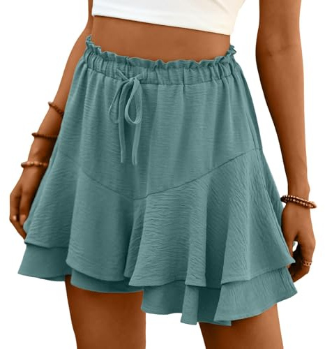 ABYOVRT Kurze Hose Damen Sommer Hohe Taille Rüschen Shorts Lose Freizeit Weite Bein Hosenrock Kurz Strandshorts,S-XL