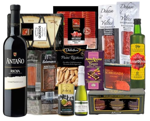 FAMILYCOM Cesta Gourmet para regalar - Lote gourmet con Ibéricos de regalo - Surtido de Bombones, chocolate, Vino, Embutidos, Aceite De Oliva Virgen - Regalos originales para Empresa y Particulares