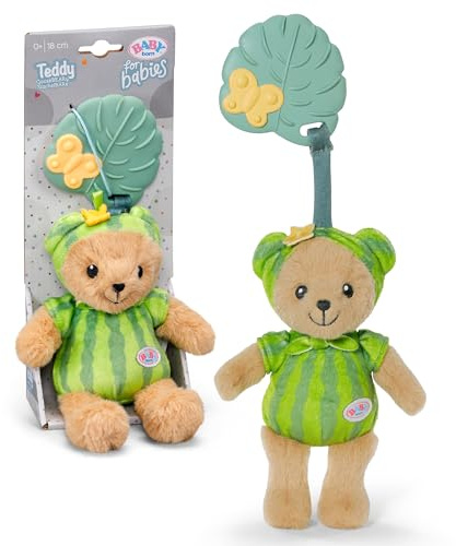 BABY born for babies Teddy Ourson pastèque 18 cm, anneau de dentition | Anneau de dentition, hochet et papier bruissant, motif pastèque, lavable