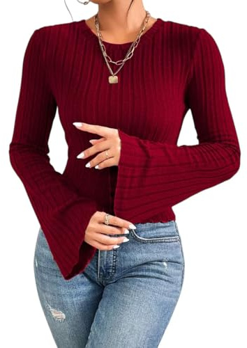 Sukiglam Women's Jumpers Elegant Long Sleeve T-Shirt Basic Bell Sleeves Crop Top Crew Neck Fitted Pullover Sweaters Casual Going Out Tops Ladies Soft Stretch Knit Blouse for Autumn/Winter Layering