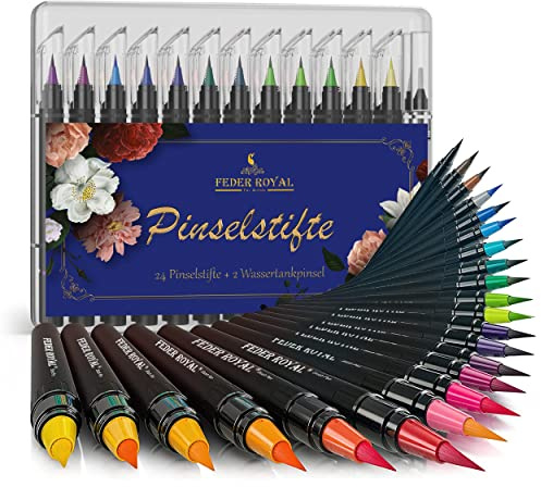 FEDER ROYAL 24+2 Aquarellstifte Pinselstifte Brush Pen Set | Flexible Nylonspitzen | 2 Wassertankpinsel | Stifte Hand Lettering & Kalligraphie Weihnachtsgeschenke Geschenk Mädchen