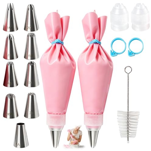 16 Pcs Piping Bags and Nozzles Set, 16-Piece Cake Piping Kit with Icing Nozzles and Piping Bags, Cleaning Brush and Ties, Professional Piping Set for Decorating Cakes Pastries & Cupcakes