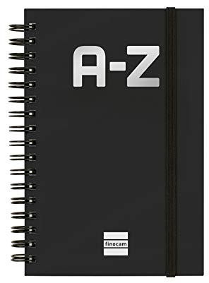 Finocam - Índice alfabético de espiral doble y cierre de goma elástico | 48 hojas | Agenda pequeña alfabética encuadernada con espiral doble 10 x 15 cm - color Negro