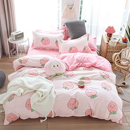 Mateju Bettwäsche Set 135x200 3teilig, Kawaii Style Bettbezug & Kissenbezug 50x75cm mit Reißverschluss, Pfirsich Obst Drucken Microfaser Bettbezug Set Cute Decor